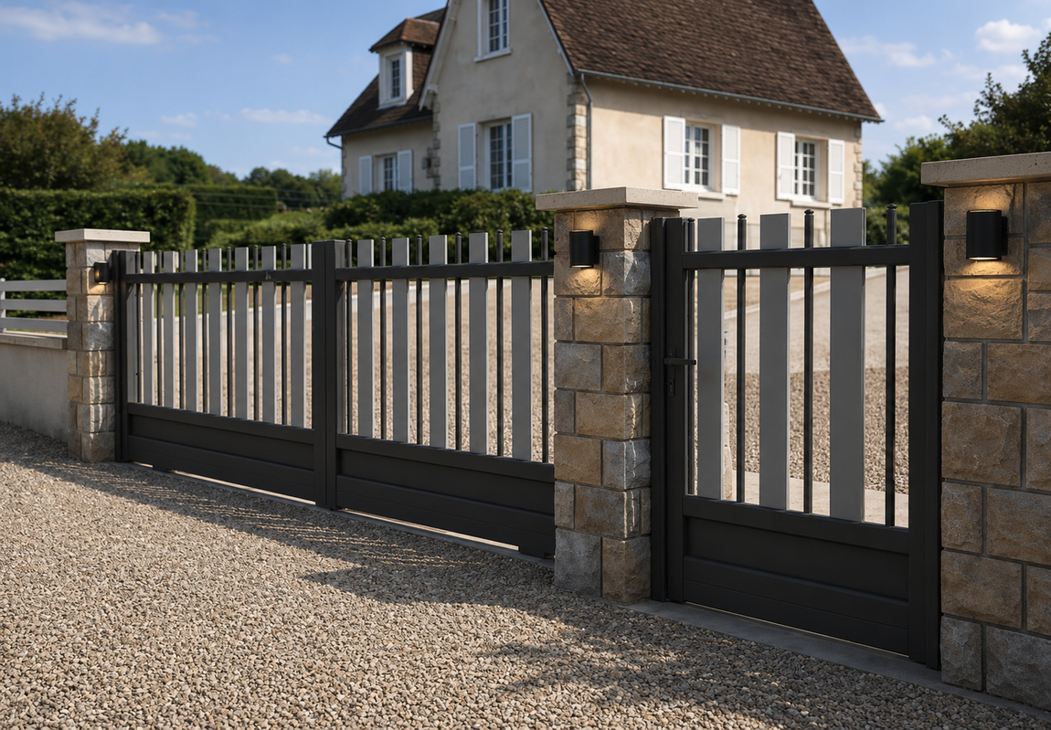 Portail gris et blanc avec colonnes en pierre devant une maison, allée de gravier, fleurs au sommet.