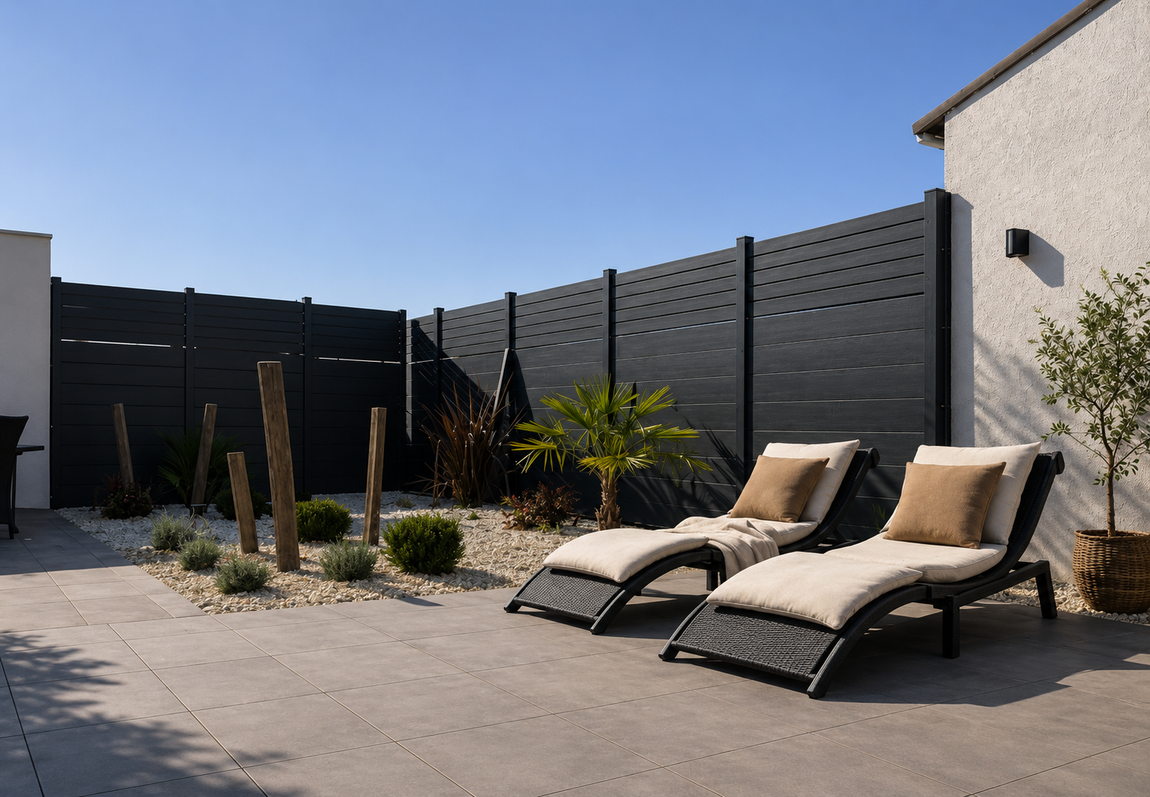 Un jardin avec une clôture noire moderne, une terrasse en béton, un petit palmier et une chaise longue.