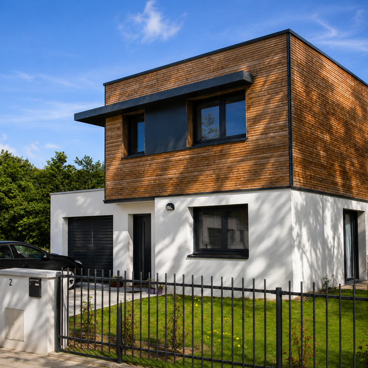 Maison moderne avec bardage en bois, menuiseries en aluminium anthracite et clôture