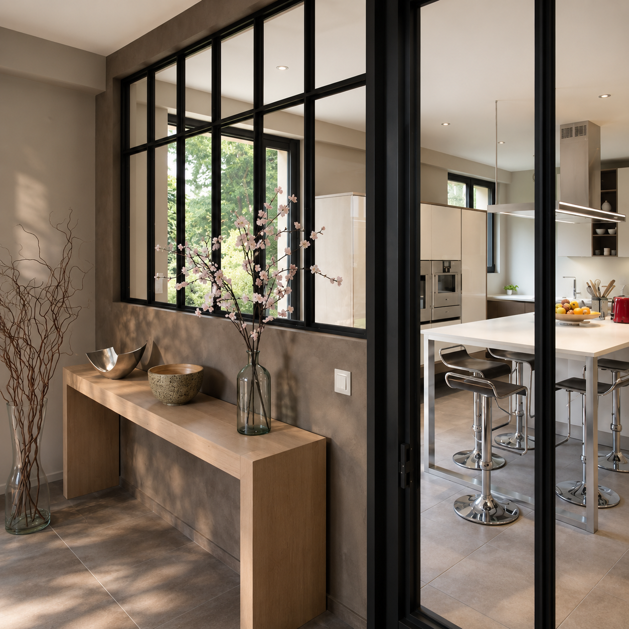 Intérieur avec une baie vitrée à cadre noir, dévoilant une cuisine moderne. Des fleurs dans un vase sont posées sur une étagère.