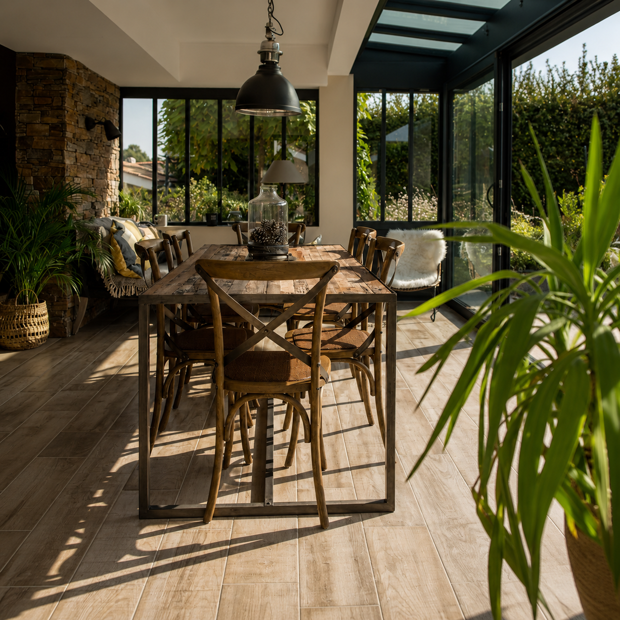 Salle à manger avec table en bois, chaises et grandes fenêtres donnant sur un jardin.