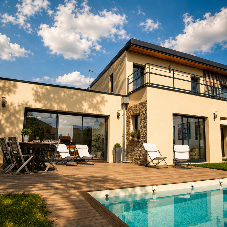 Maison moderne avec terrasse, piscine et grande baie vitrée coulissante. Journée ensoleillée avec ciel bleu et quelques nuages.