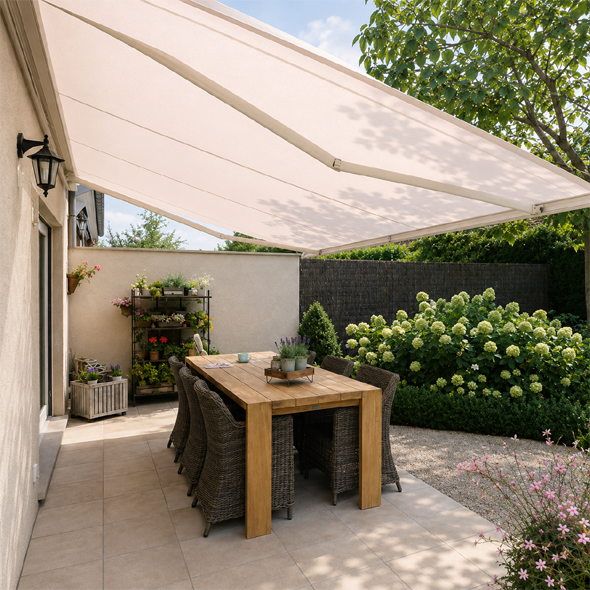 Store banne au dessus d'une terrasse en bois