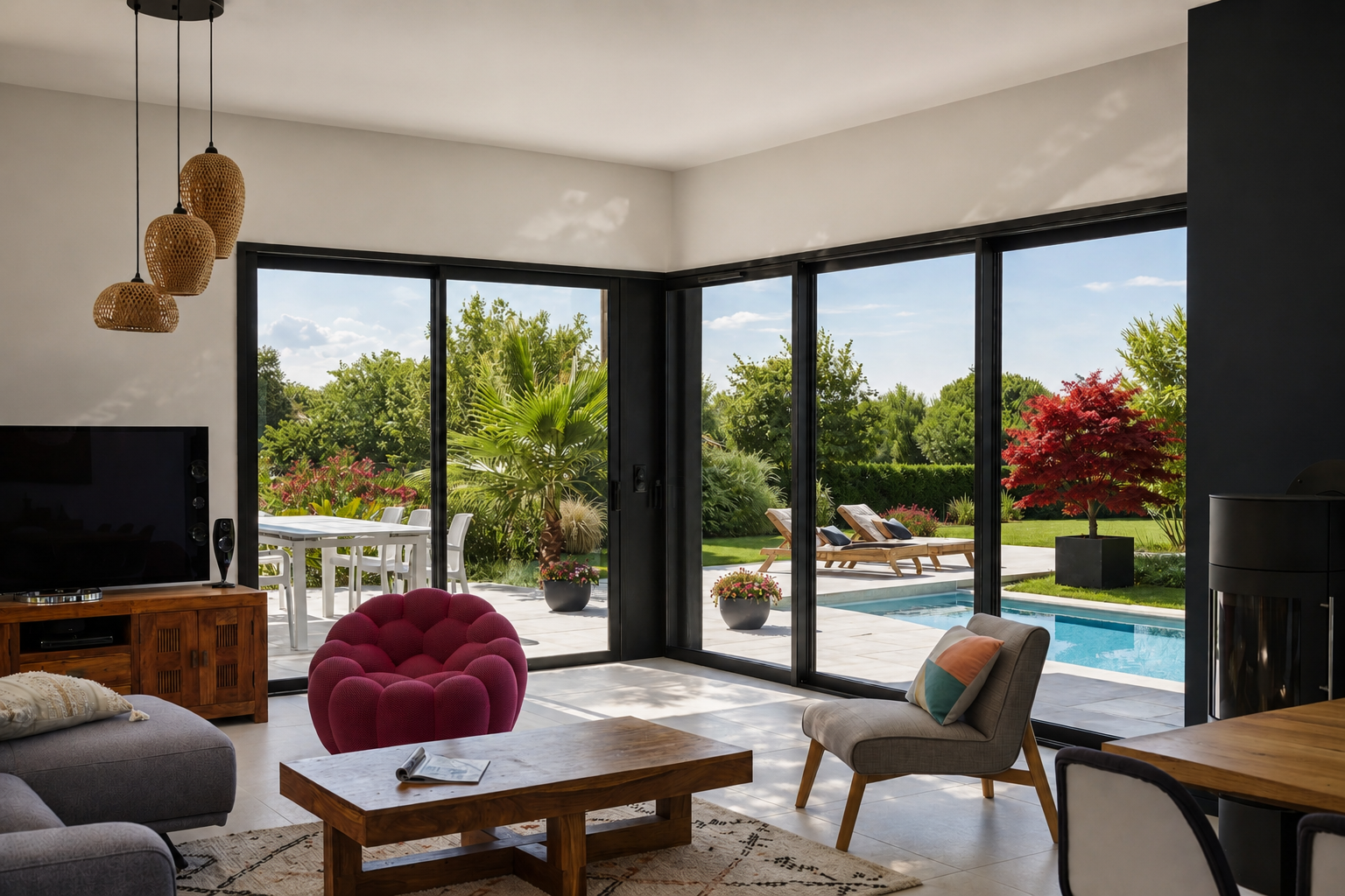 Salon avec de grandes fenêtres donnant sur une terrasse et une piscine. Comprend des sièges, une table basse et des suspensions lumineuses.