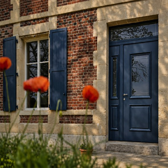 Porte d'entrée bleue avec imposte et fenêtre latérale sur un bâtiment en briques avec volet bleu.