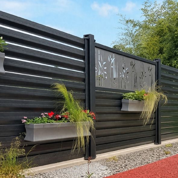 Clôture en aluminium entouré de plantes vertes