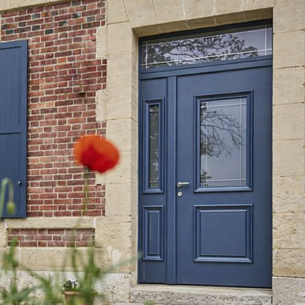 Porte d'entrée bleue avec imposte et fenêtre latérale sur un bâtiment en briques avec volet bleu.