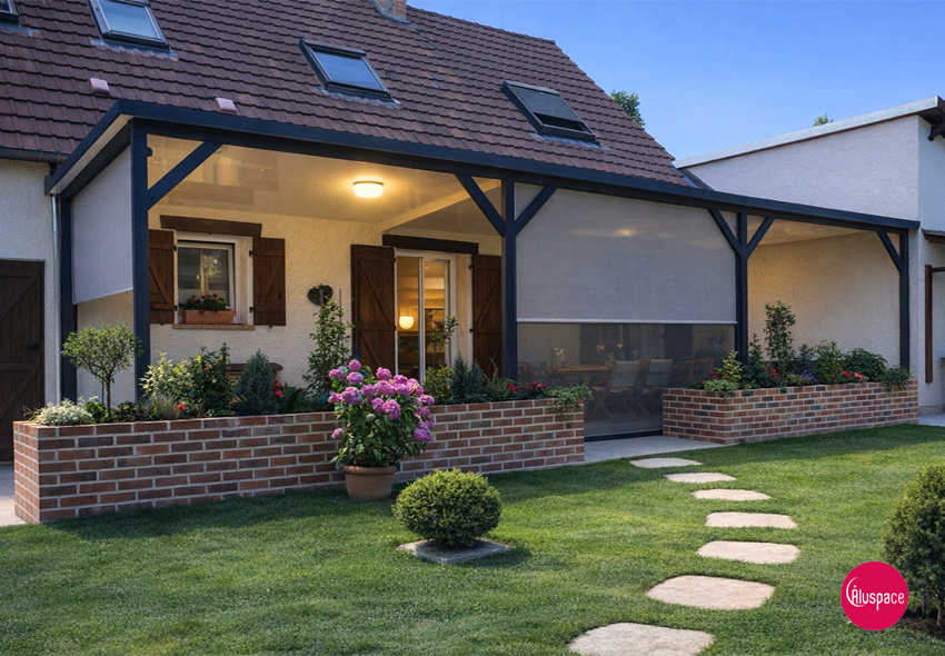 Maison avec patio couvert, mur de briques et jardin luxuriant par une journée ensoleillée.