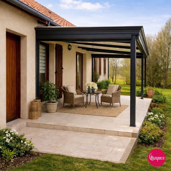 Pergola bioclimatique au bord d'une piscine