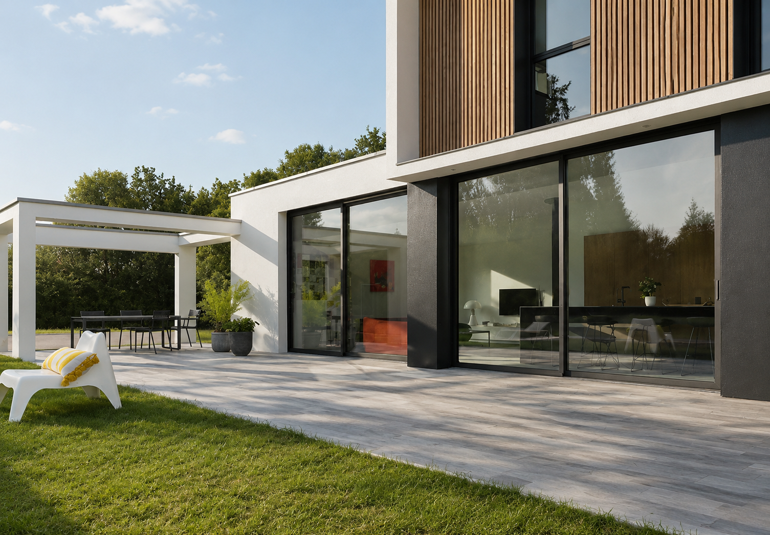 Maison moderne à étage avec baies vitrées et pergolas