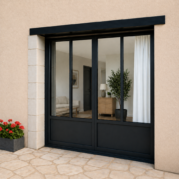 Vue extérieure d'une porte coulissante en verre à cadre gris, reflétant une maison et un ciel bleu.