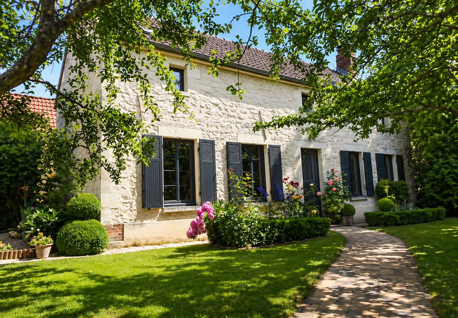 Maison en pierre aux volets sombres, entourée d'herbe verte, d'arbres et de fleurs sous un ciel ensoleillé.