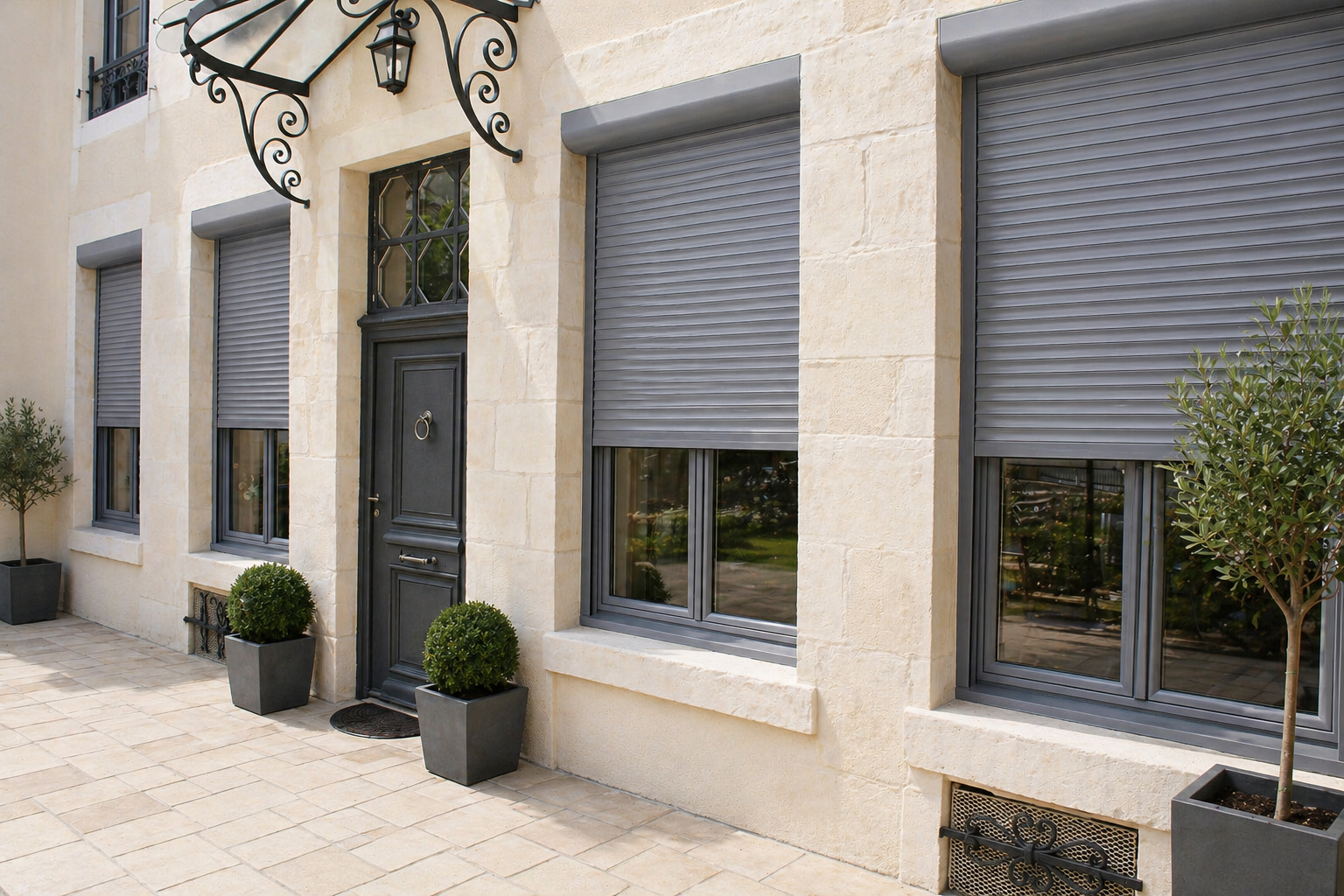 Bâtiment blanc avec volets noirs partiellement ouverts, patio avec table et plantes.
