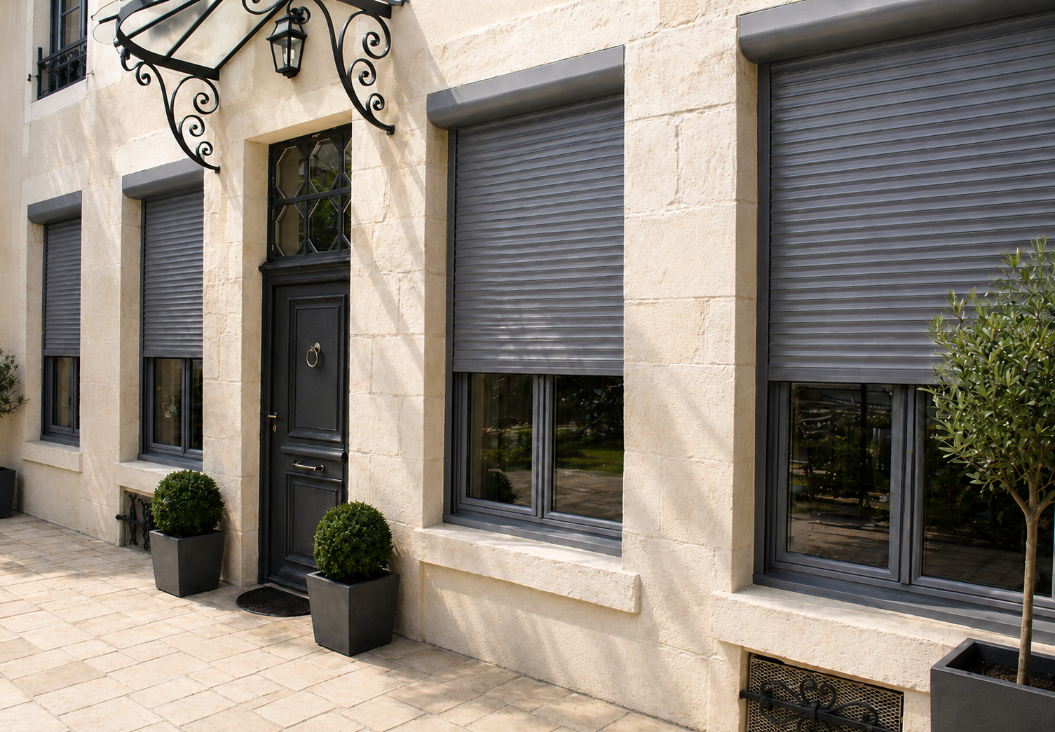 Bâtiment blanc avec volets noirs partiellement ouverts, patio avec table et plantes.