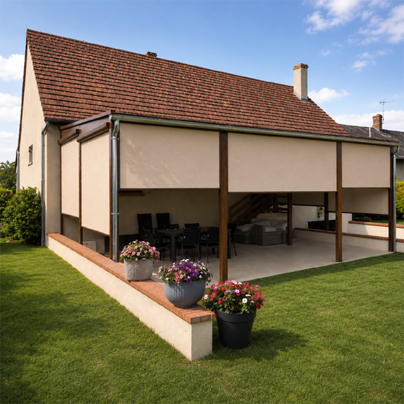 Maison moderne avec stores solaires gris.