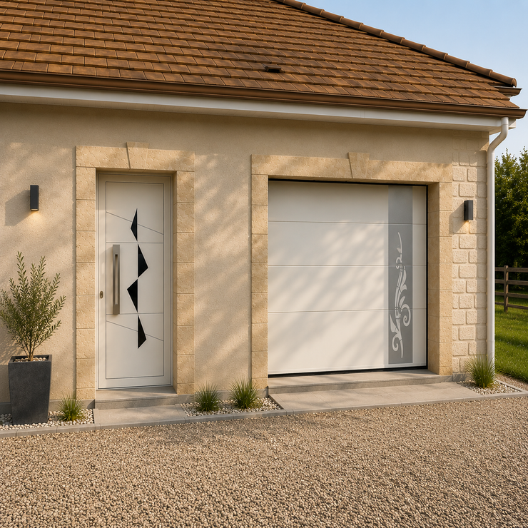 Maison moderne avec bardage en bois, menuiseries en aluminium anthracite et clôture