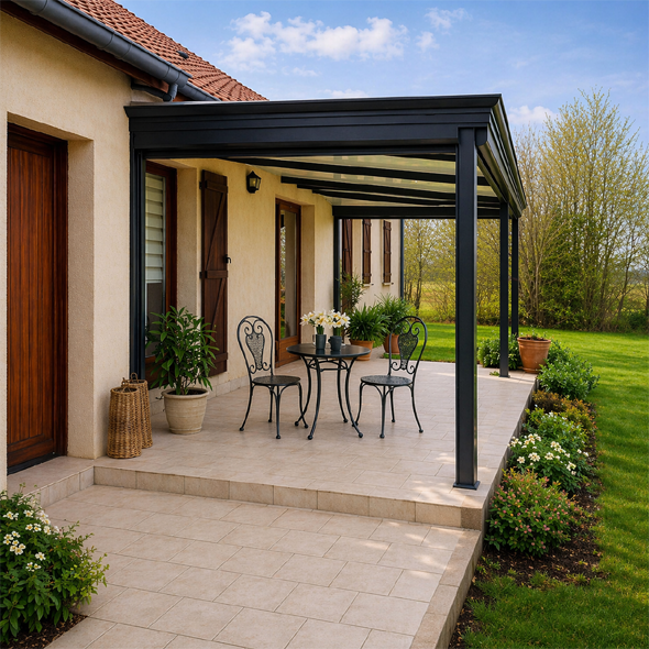 Pergola bioclimatique au bord d'une piscine