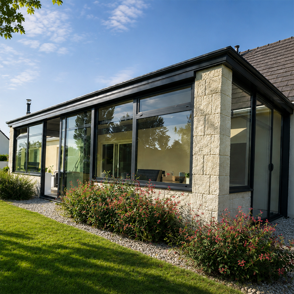 Véranda avec parois vitrées et store rétractable, jouxtant une terrasse fleurie.