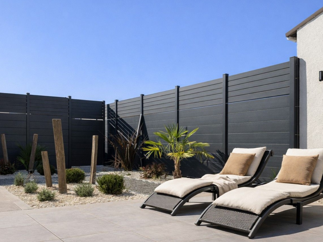 Un jardin avec une clôture noire moderne, une terrasse en béton, un petit palmier et une chaise longue.