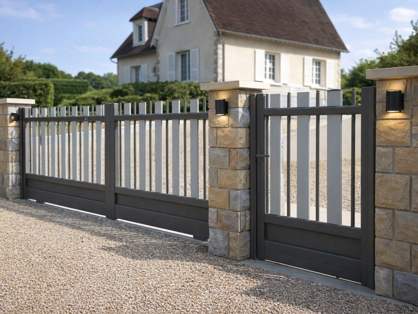 Portail gris et blanc avec colonnes en pierre devant une maison, allée de gravier, fleurs au sommet.