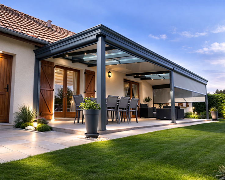 Terrasse extérieure avec pergola, coin salon et maison avec portes vitrées.