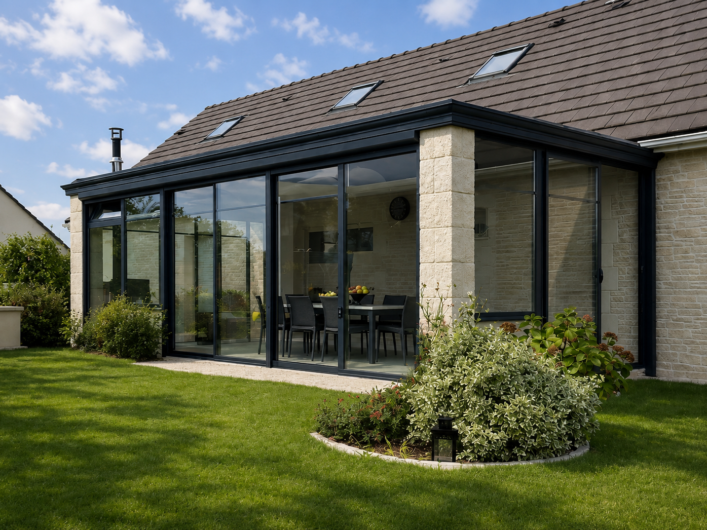 Terrasse arrière avec parois vitrées, verdure et foyer extérieur. Maison au toit gris et aux murs en pierre claire.
