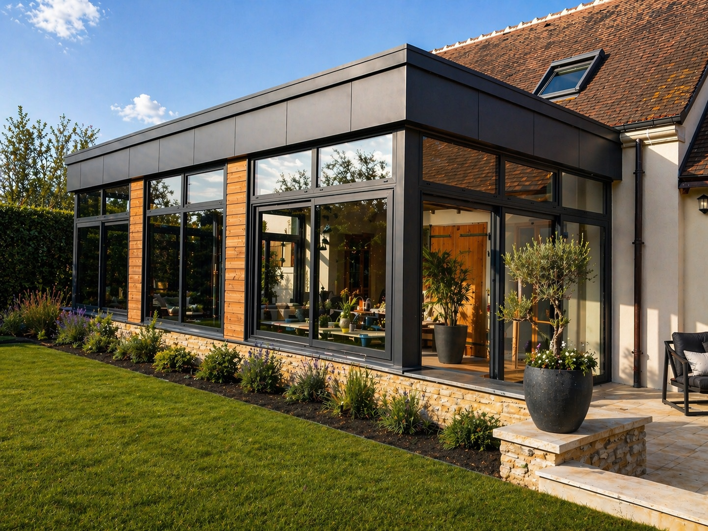 Véranda avec parois vitrées, parquet et mobilier, donnant sur un jardin verdoyant.