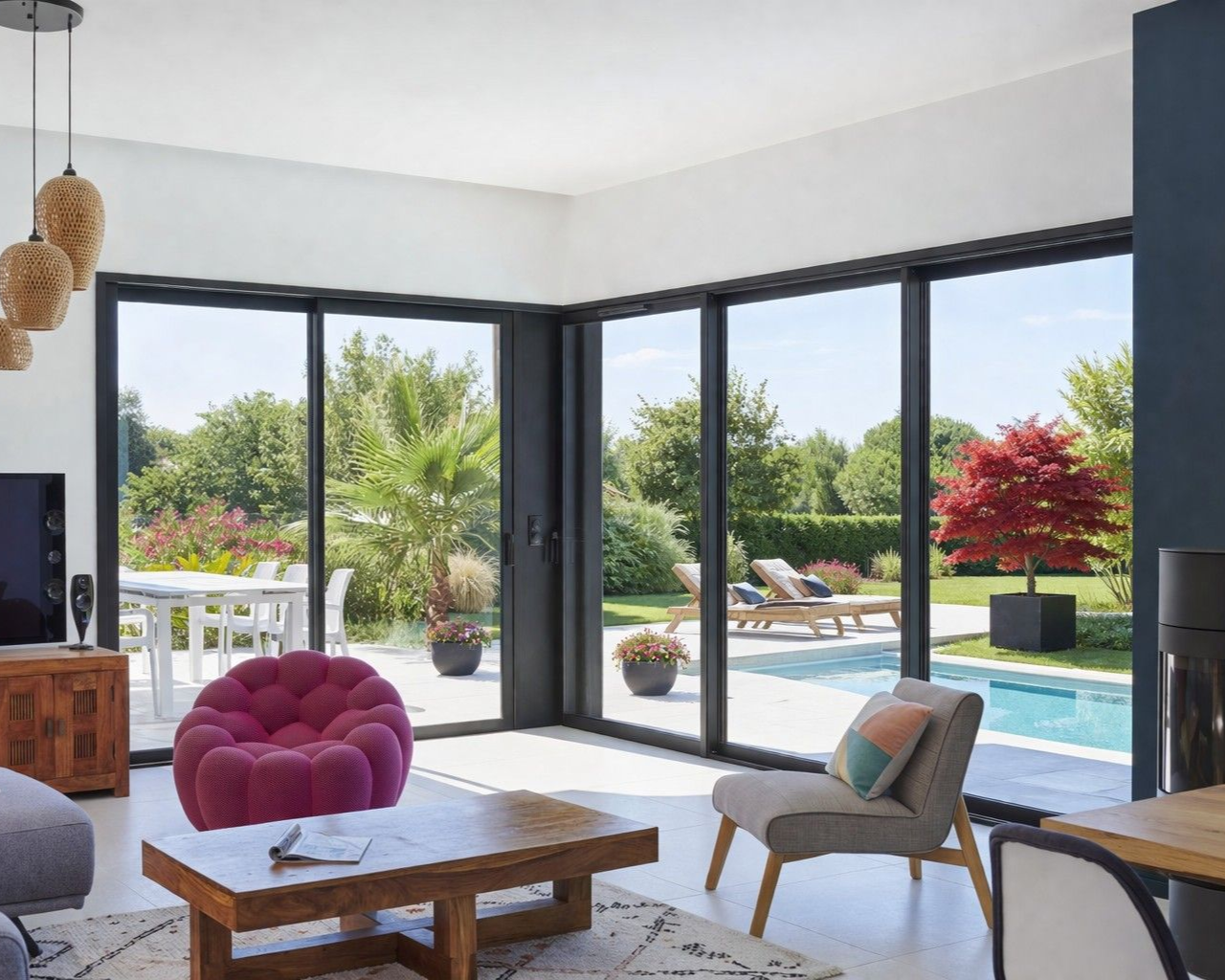 Salon avec de grandes fenêtres donnant sur une terrasse et une piscine. Comprend des sièges, une table basse et des suspensions lumineuses.