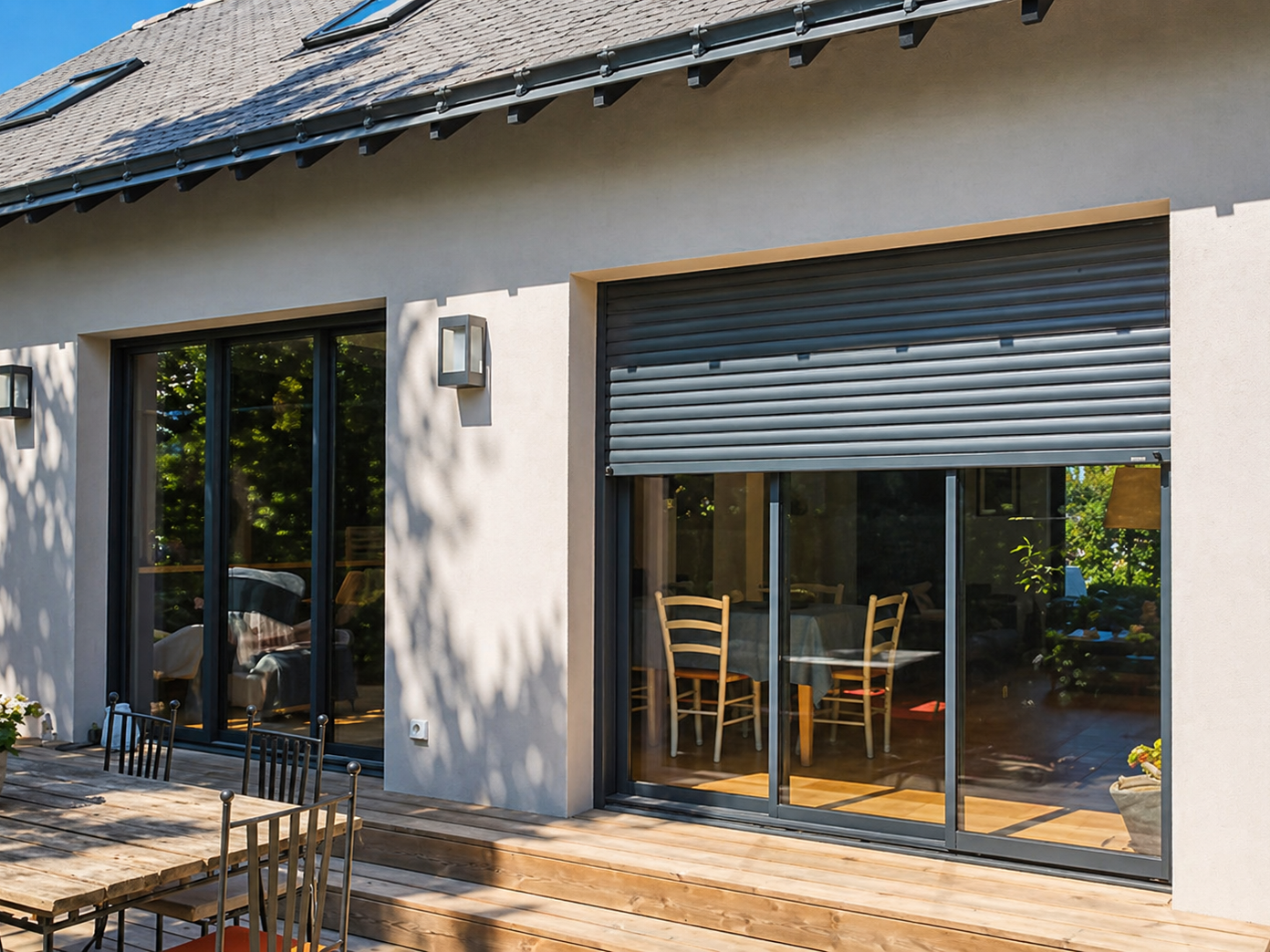 Vue extérieure d'une maison avec de grandes portes vitrées et un volet roulant gris partiellement fermé.