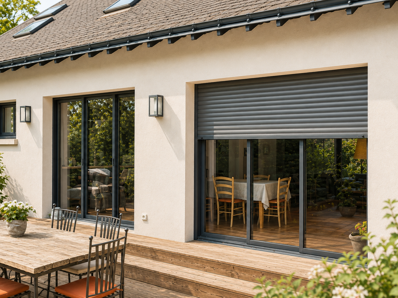 Vue extérieure d'une maison avec de grandes portes vitrées et un volet roulant gris partiellement fermé.