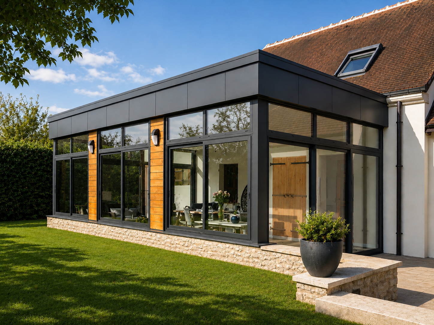 Véranda avec parois vitrées, parquet et mobilier, donnant sur un jardin verdoyant.