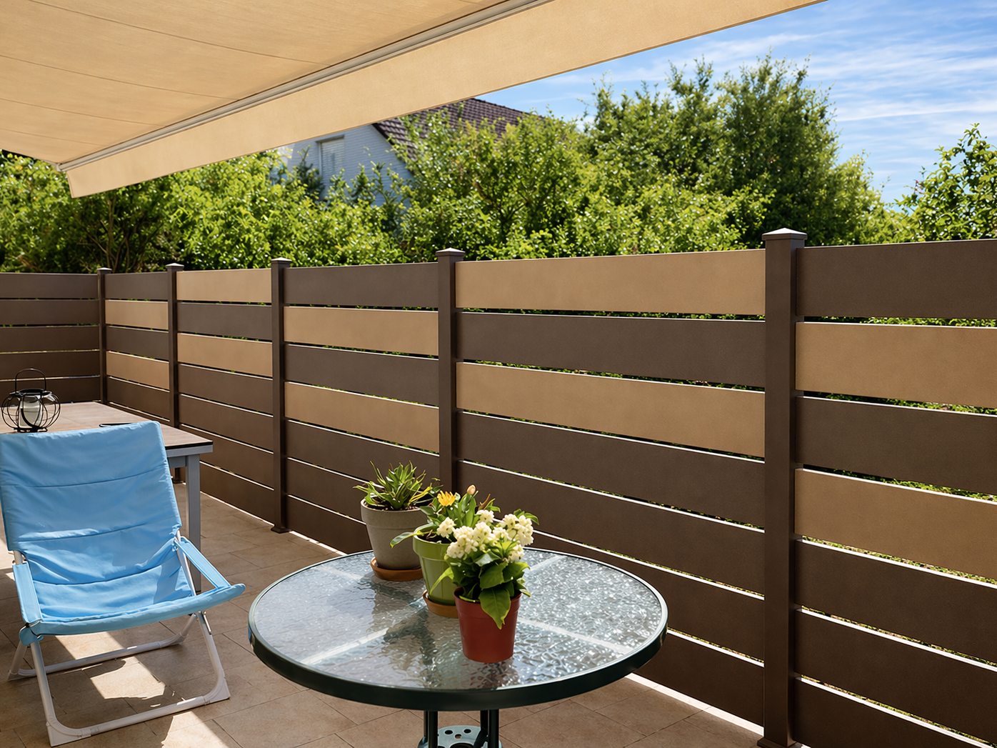 Terrasse avec une clôture horizontale bicolore, une table ronde, une chaise bleue et un auvent rayé.