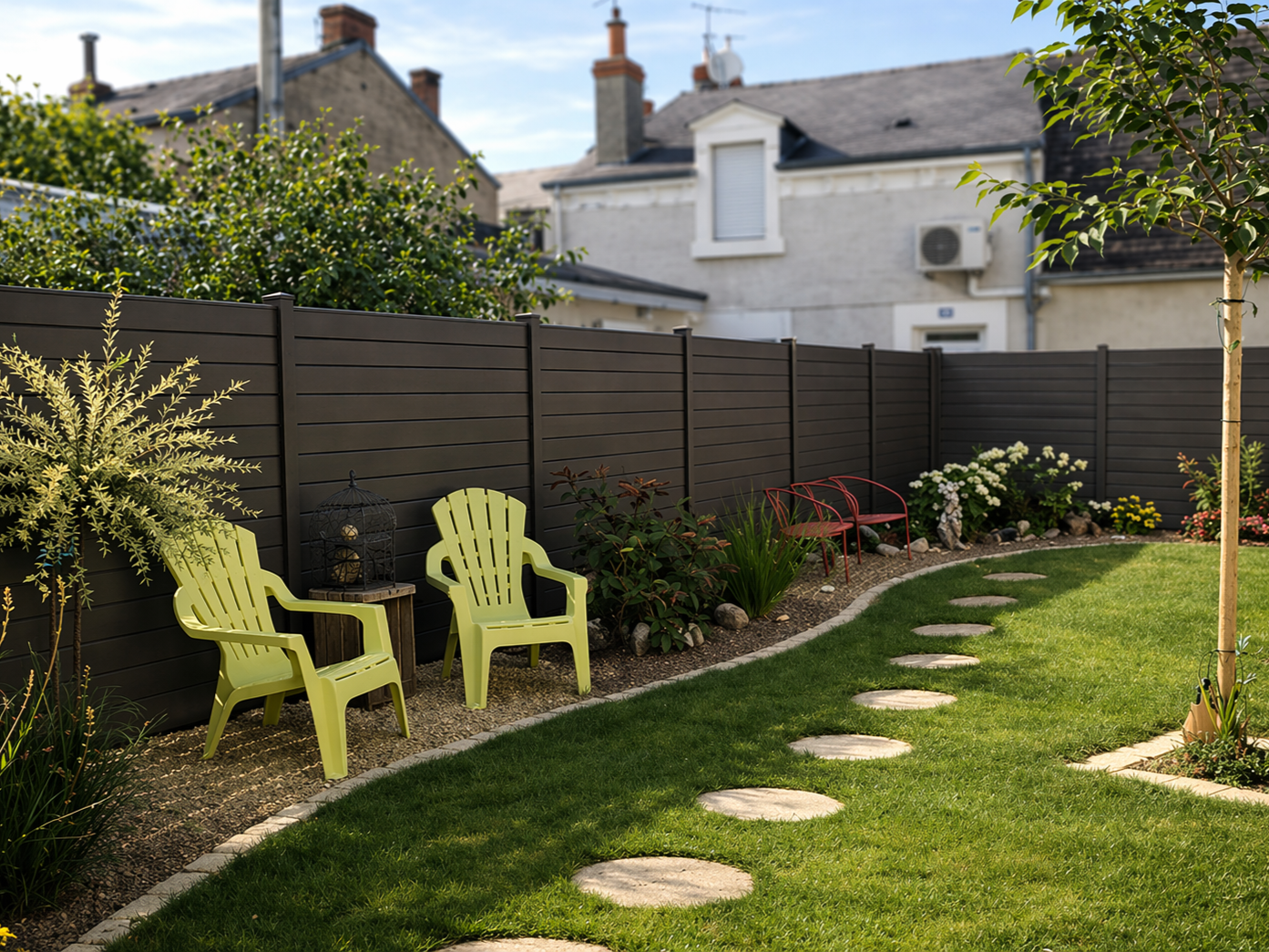 Pelouse verte avec parterres de fleurs, chaises vert citron et clôture marron dans un jardin.