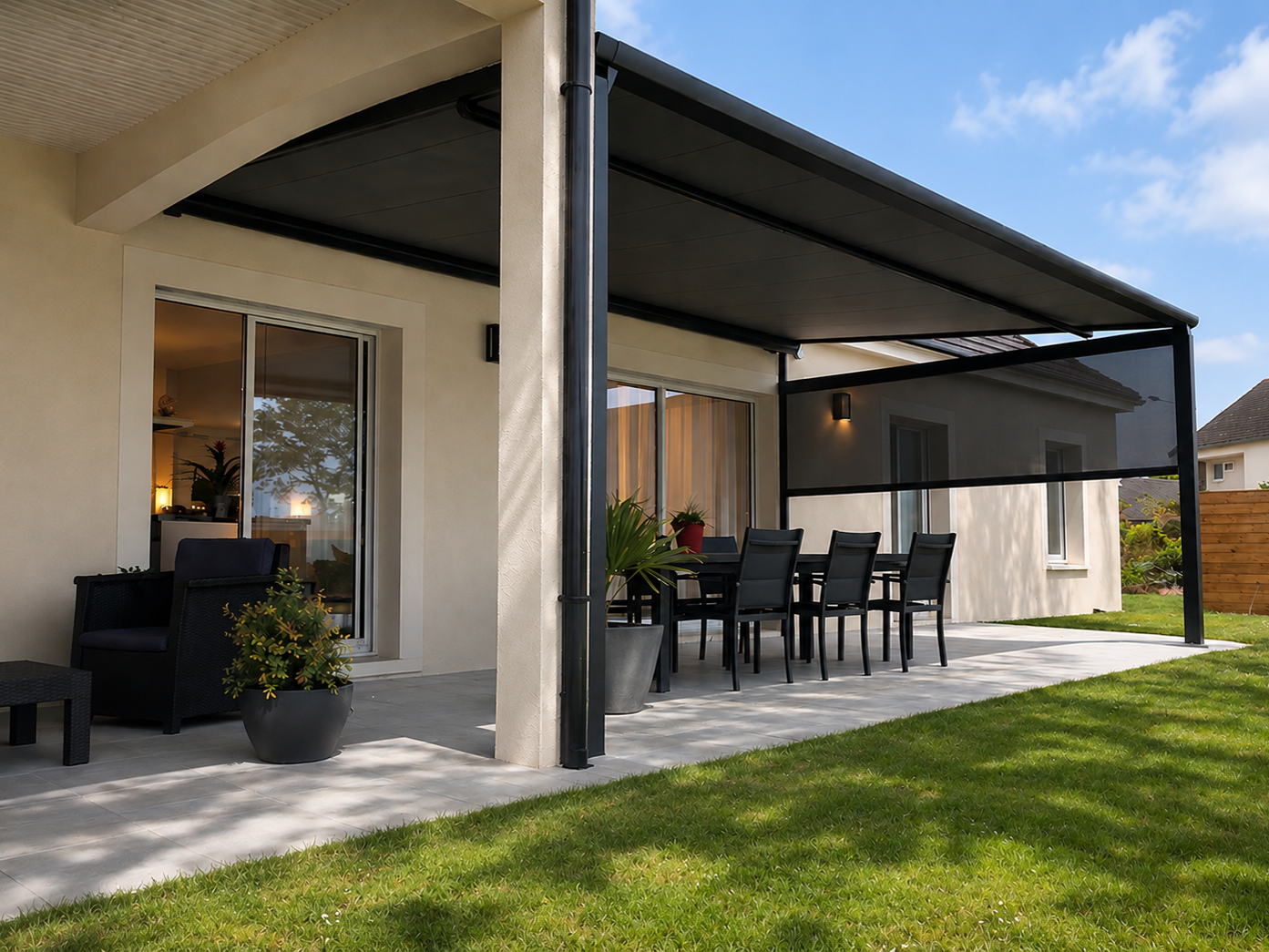 Auvent noir au-dessus d'une terrasse avec table et chaises noires, maison beige et petite clôture en piquets.