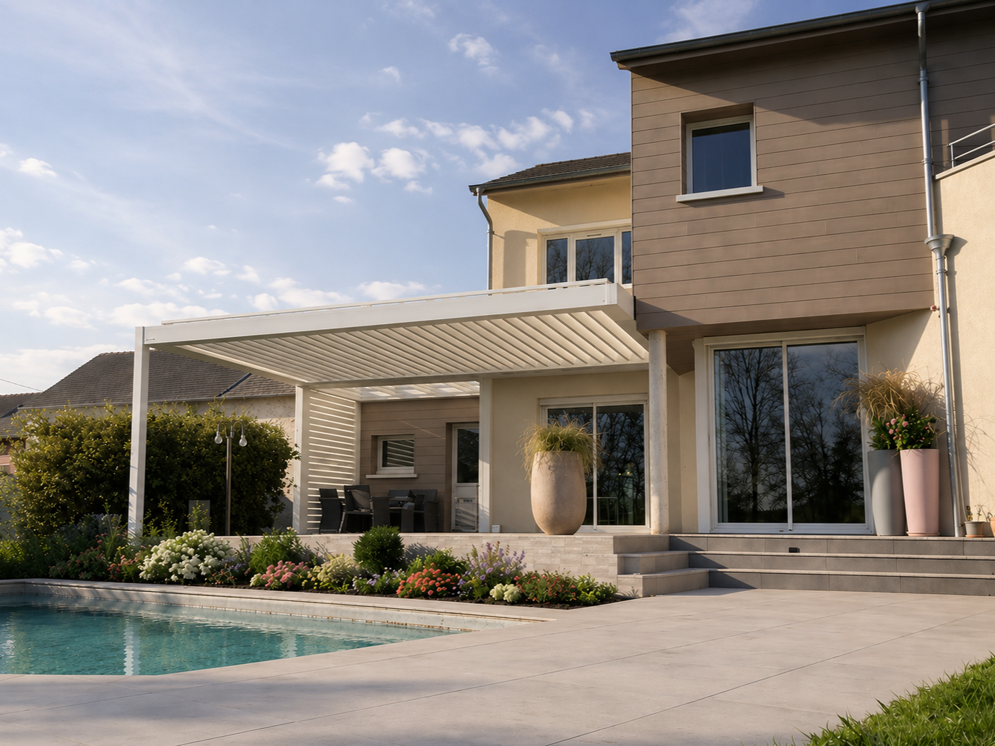 Pergola adossée à un pavillon