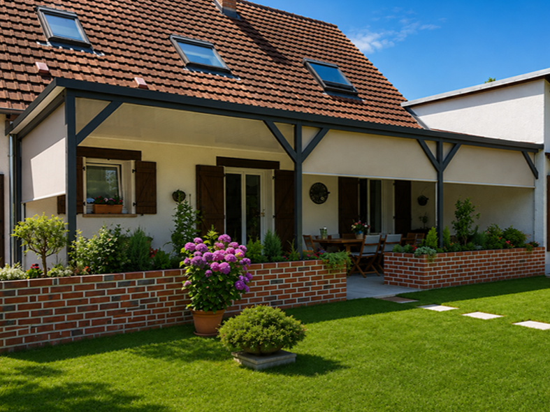 Maison avec patio couvert, mur de briques et jardin luxuriant par une journée ensoleillée.
