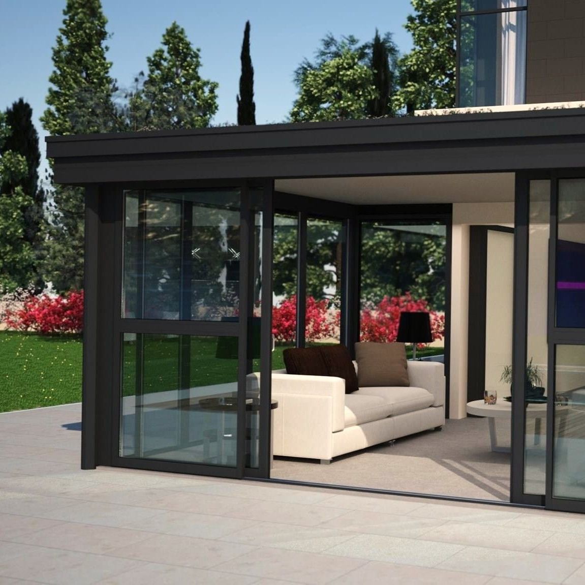 Véranda avec baie coulissante ouverte