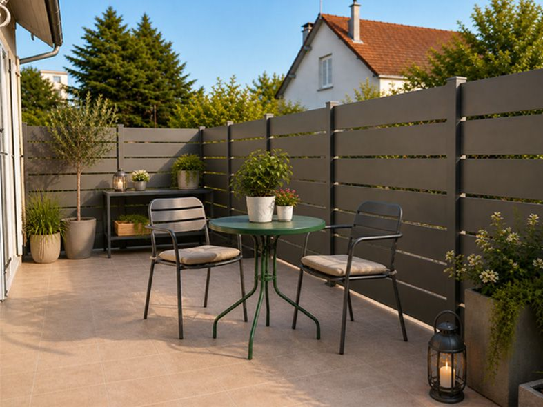 Terrasse avec une clôture horizontale bicolore, une table ronde, une chaise bleue et un auvent rayé.