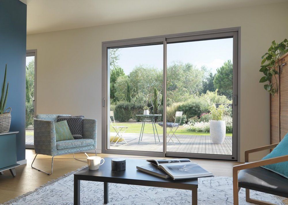 Baie vitrée qui donne sur un jardin arboré