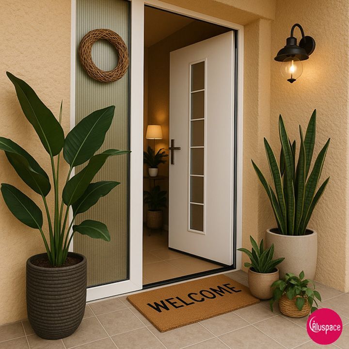 Porte d'entrée blanche entourée de plantes vertes
