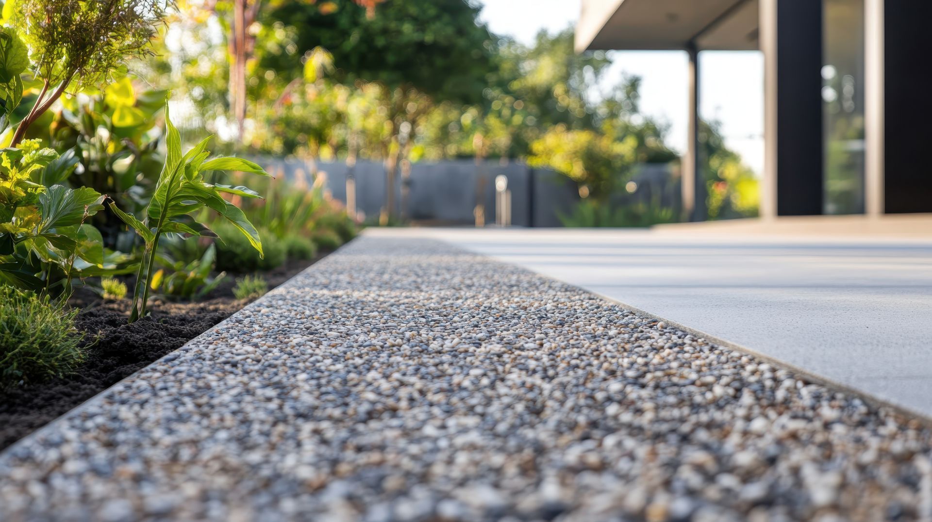 Terrasse bétonnée et allée de gravier.