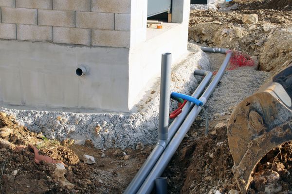 Des tuyaux dans une tranchée à côté d'une maison en construction.