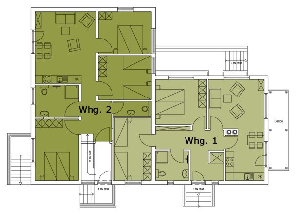 Ein Grundriss eines Hauses mit den Nummern whg 2 und whg 1