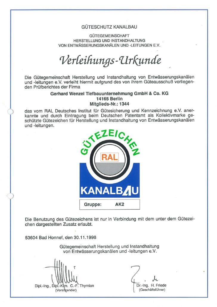 Zertifikat Gütezeichen RAL Kanalbau der Gerhard Wenzel Tiefbauunternehmung GmbH & Co. KG