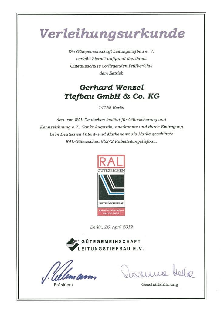 Zertifikat RAL Gütezeichen der Gerhard Wenzel Tiefbauunternehmung GmbH & Co. KG