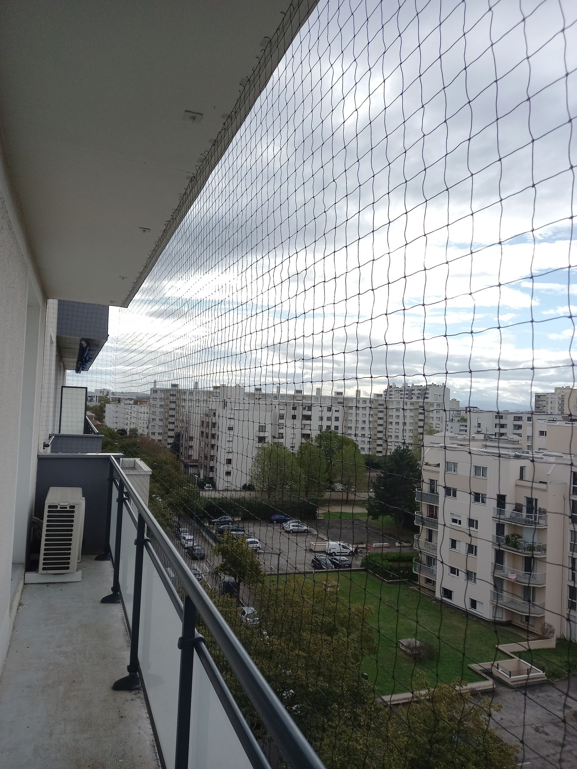 Présentation d'un filet antipigeons posé sur un balcon d'un immeuble.