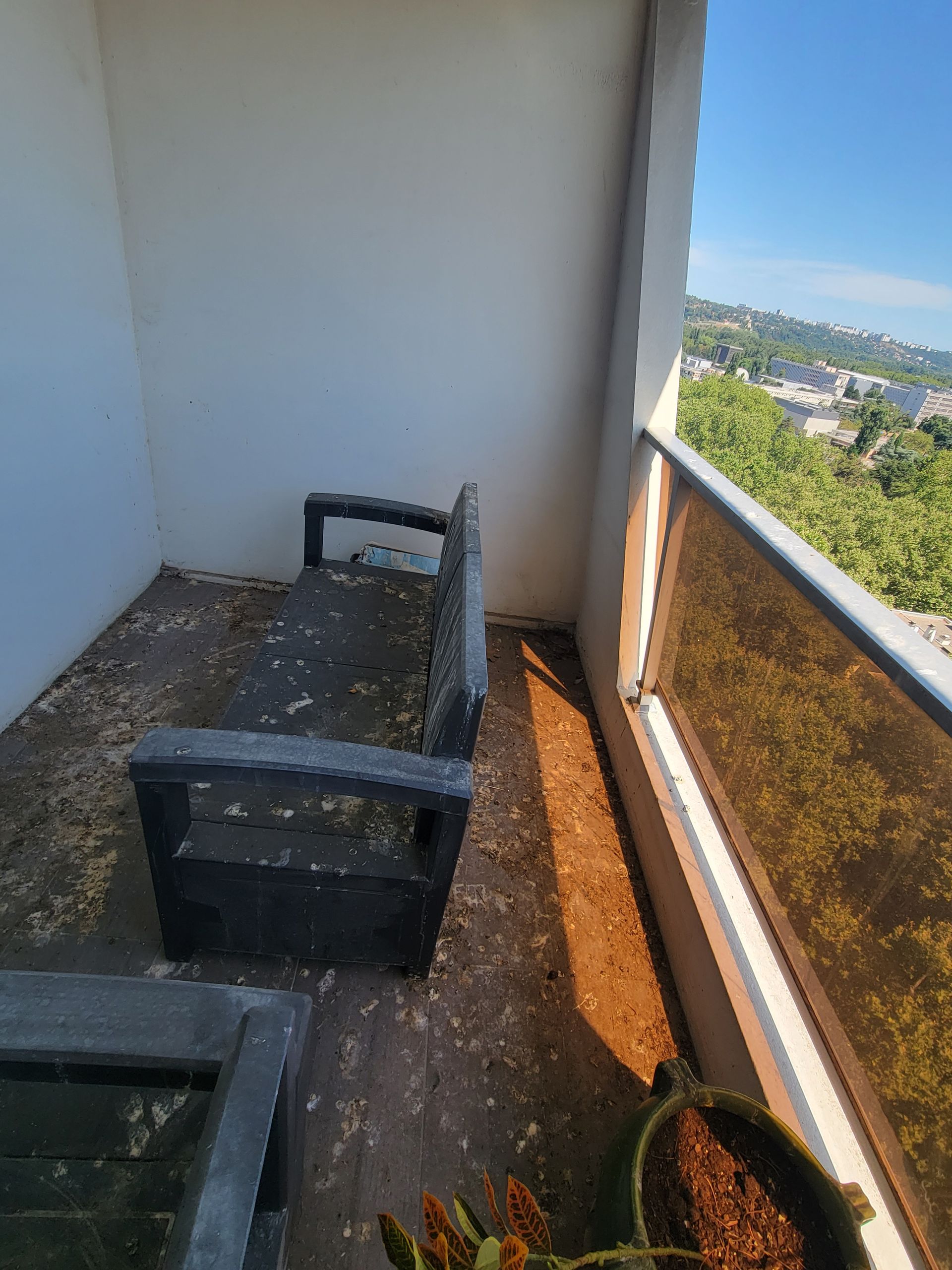 Présentation d'un balcon souillé par les pigeons.
