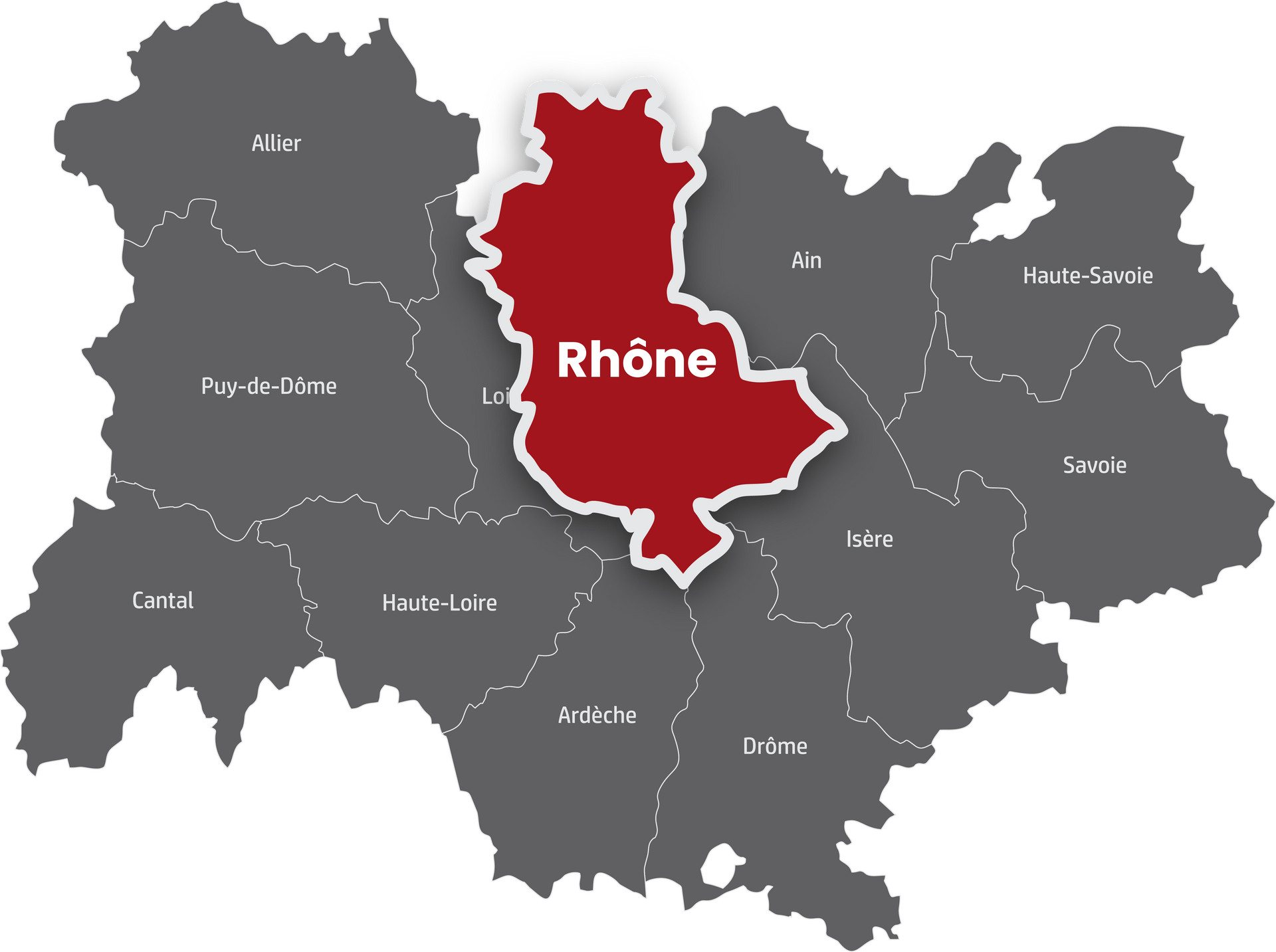 Représentation de la région Auvergne-Rhône-Alpes avec le Rhône en évidence.