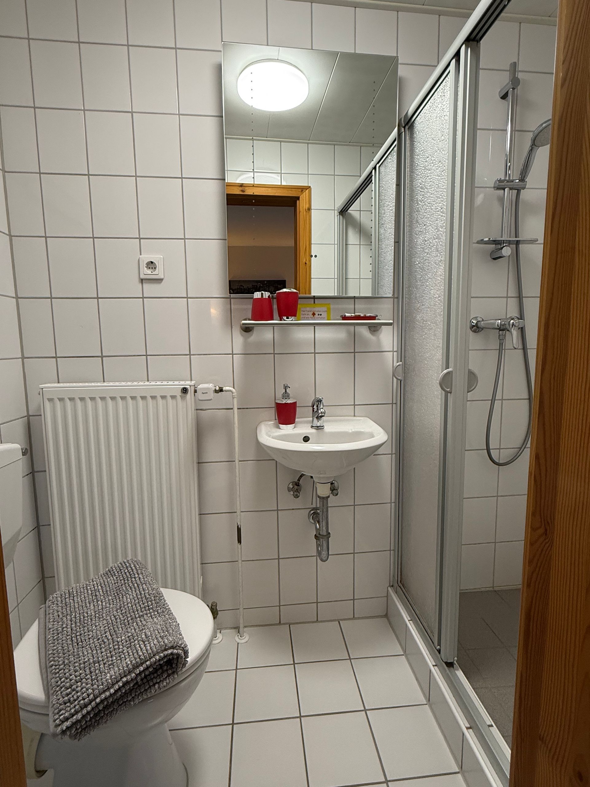 Kleines, weiß gefliestes Badezimmer mit Toilette, Waschbecken, Duschkabine, Spiegel und Heizkörper.