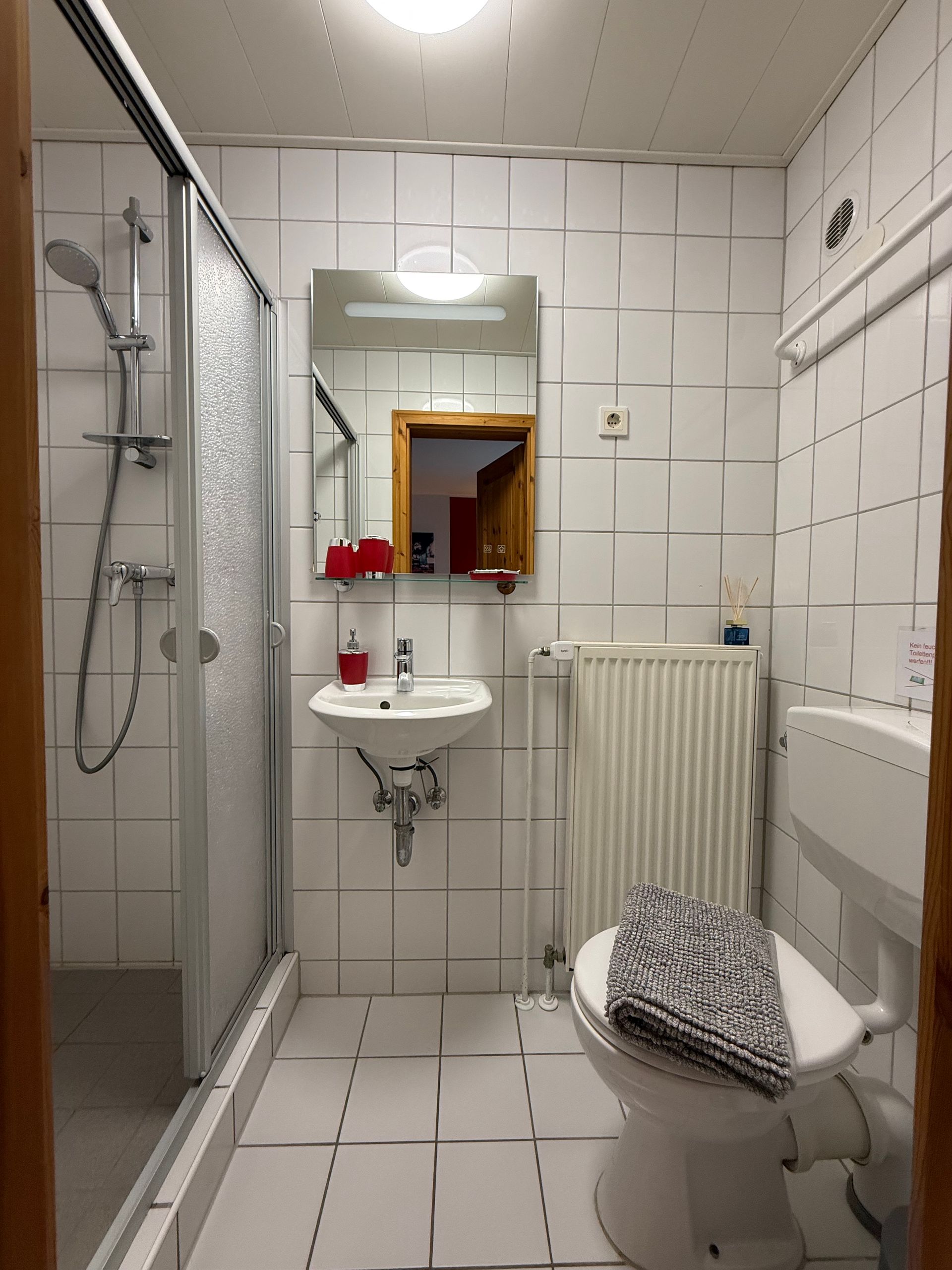 Gefliestes Badezimmer mit Dusche, Waschbecken, Spiegel, Heizkörper und Toilette neben einer Badewanne.